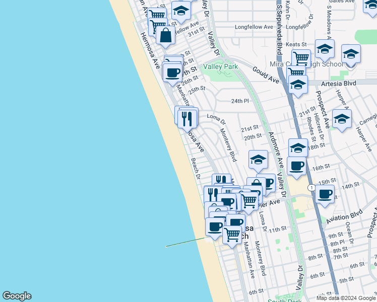 map of restaurants, bars, coffee shops, grocery stores, and more near 2014 The Strand in Hermosa Beach