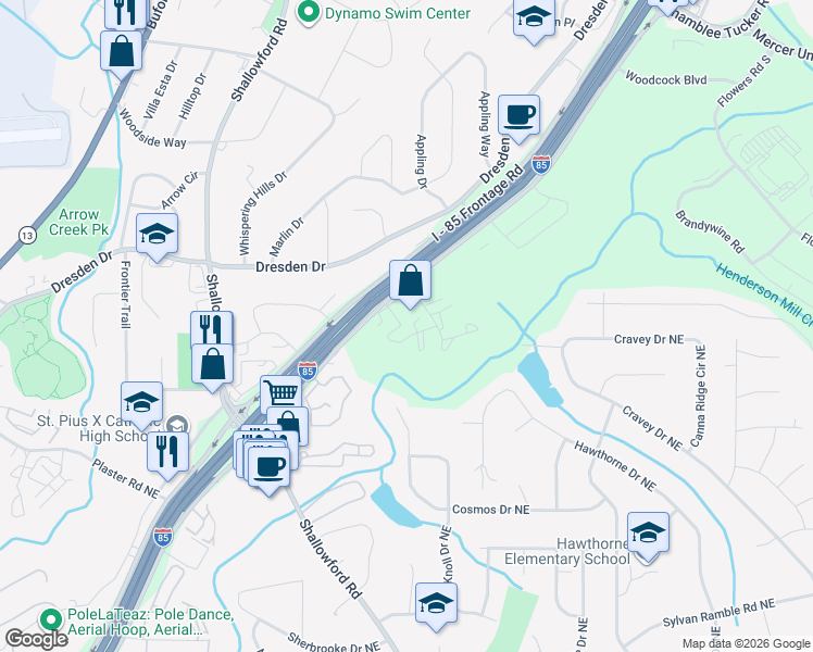 map of restaurants, bars, coffee shops, grocery stores, and more near 3075 Colonial Way in Atlanta