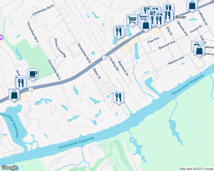 map of restaurants, bars, coffee shops, grocery stores, and more near 4350 Baker Street in Little River