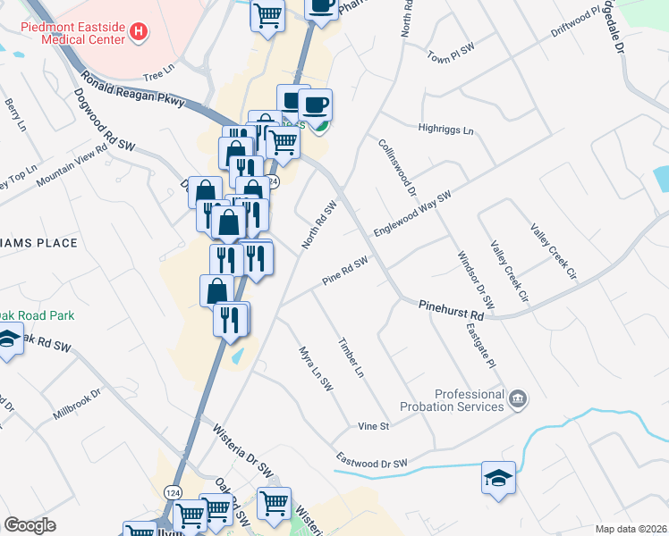 map of restaurants, bars, coffee shops, grocery stores, and more near 2151 Pine Road Southwest in Snellville