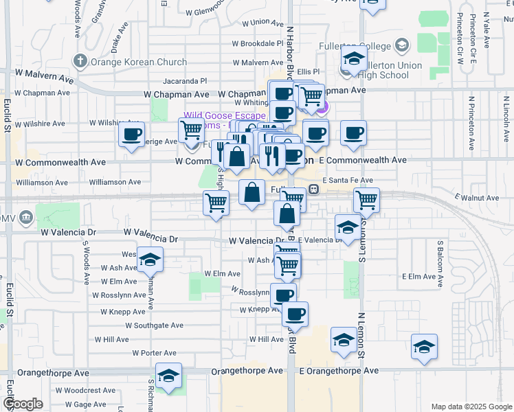 map of restaurants, bars, coffee shops, grocery stores, and more near 144 West Walnut Avenue in Fullerton