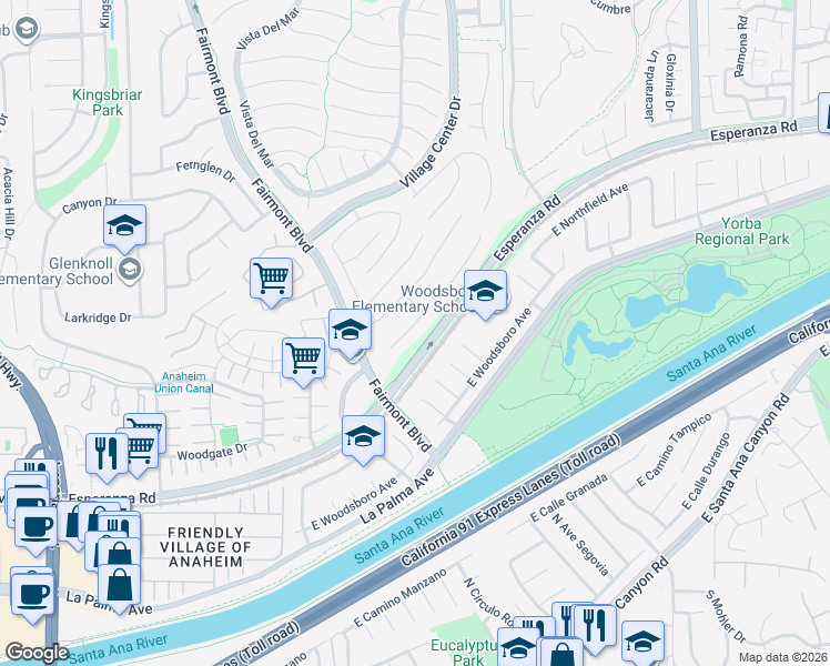 map of restaurants, bars, coffee shops, grocery stores, and more near 20180 Pingree Way in Yorba Linda
