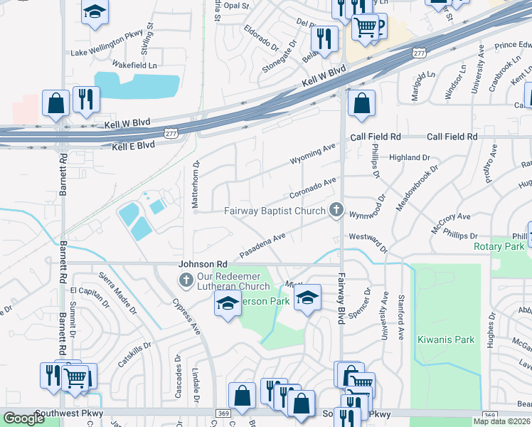 map of restaurants, bars, coffee shops, grocery stores, and more near 4611 Coronado Avenue in Wichita Falls
