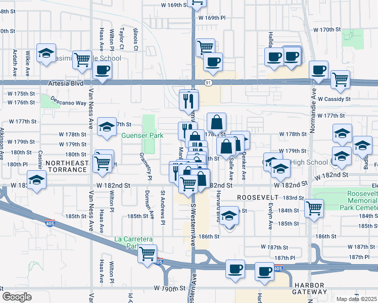 map of restaurants, bars, coffee shops, grocery stores, and more near 17821 South Western Avenue in Gardena