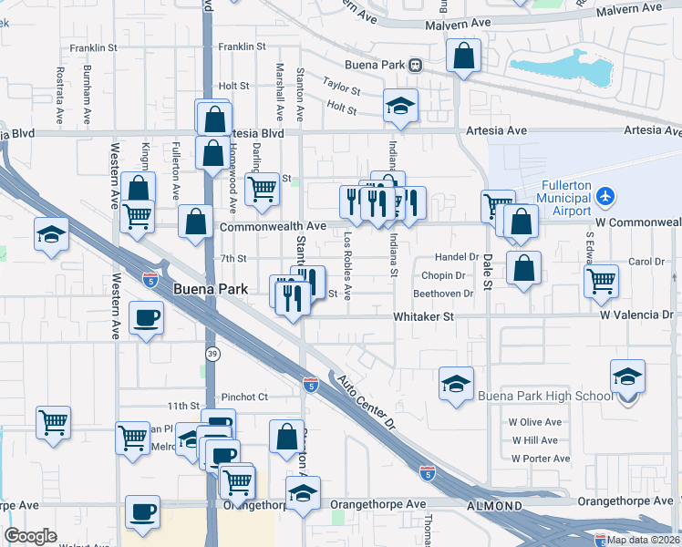 map of restaurants, bars, coffee shops, grocery stores, and more near 6371 Los Robles Avenue in Buena Park