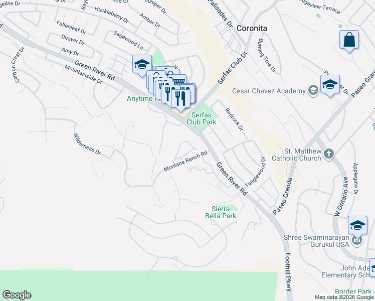 map of restaurants, bars, coffee shops, grocery stores, and more near 1448 Elegante Court in Corona