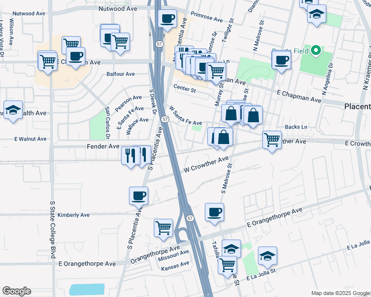 map of restaurants, bars, coffee shops, grocery stores, and more near 341 Monterey Way in Placentia