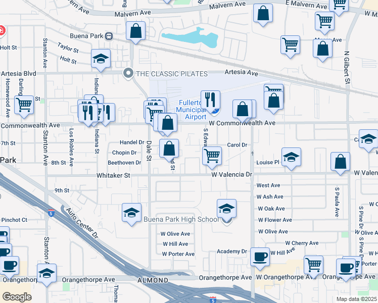 map of restaurants, bars, coffee shops, grocery stores, and more near 4109 Carol Drive in Fullerton