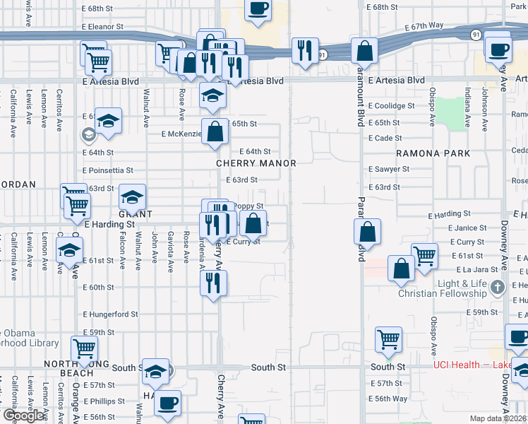 map of restaurants, bars, coffee shops, grocery stores, and more near 2305 East Poppy Street in Long Beach