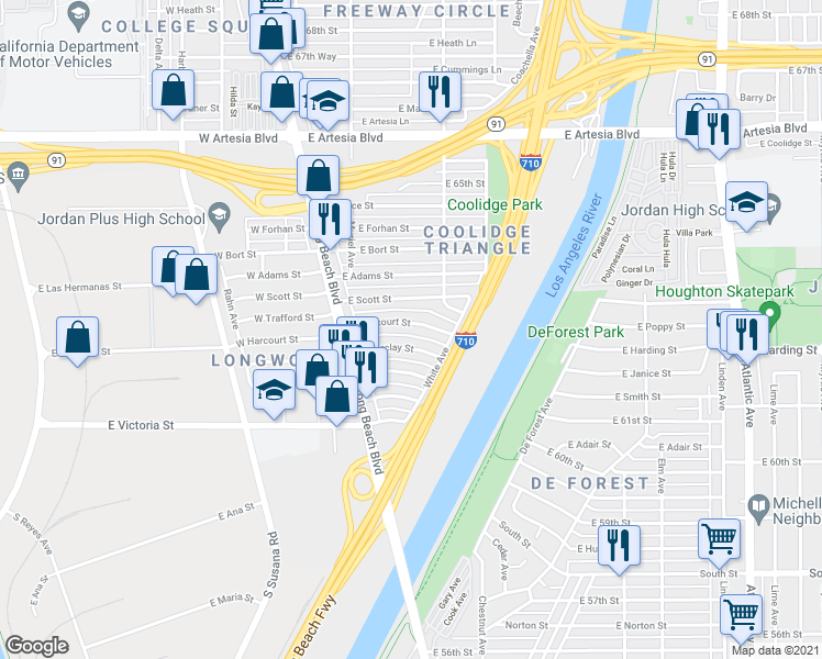 map of restaurants, bars, coffee shops, grocery stores, and more near 197 East Harcourt Street in Long Beach