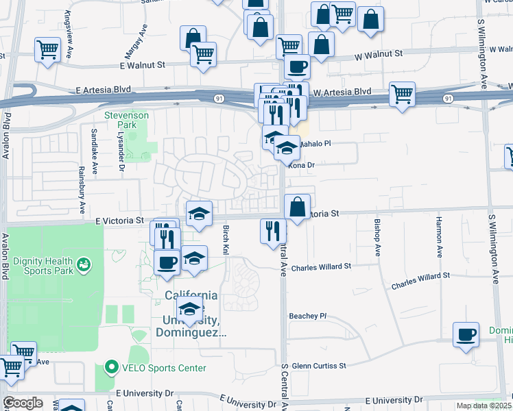 map of restaurants, bars, coffee shops, grocery stores, and more near 17815 Palm Court in Carson