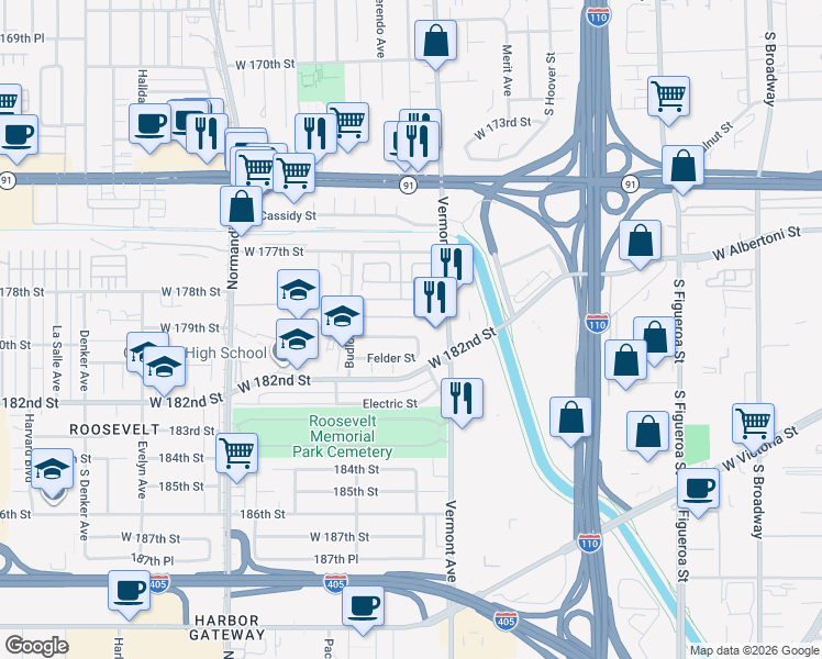 map of restaurants, bars, coffee shops, grocery stores, and more near 230 Amethyst Circle in Gardena