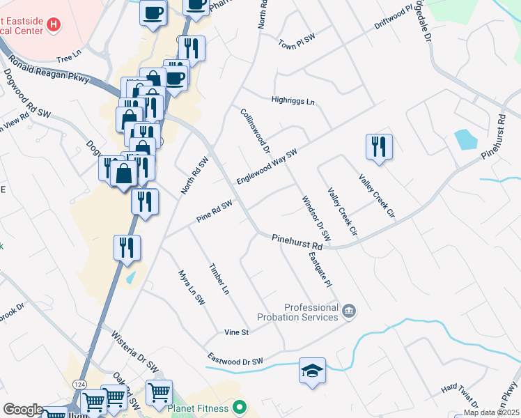 map of restaurants, bars, coffee shops, grocery stores, and more near 2082 Windsor Lane Southwest in Snellville
