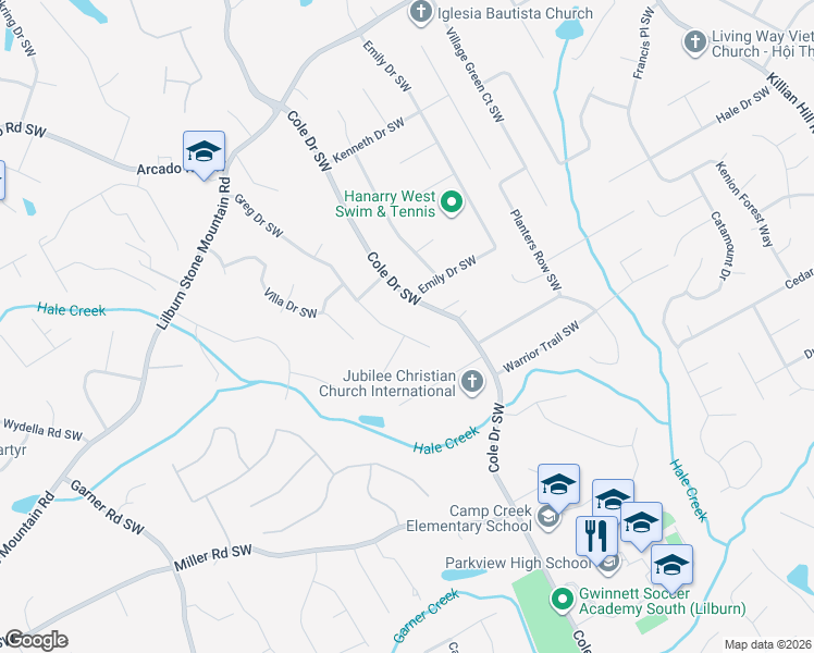 map of restaurants, bars, coffee shops, grocery stores, and more near 632 Greg Drive Southwest in Lilburn