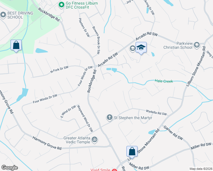 map of restaurants, bars, coffee shops, grocery stores, and more near 5301 Enchanted Cove Southwest in Lilburn