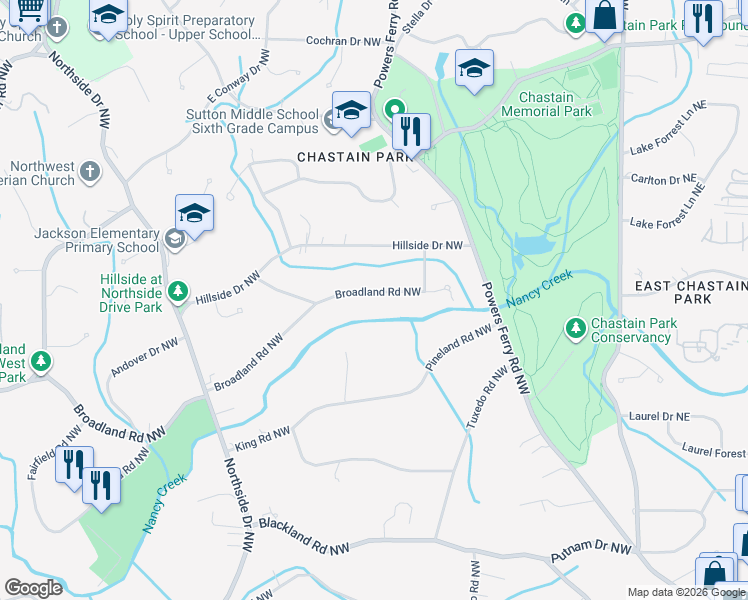 map of restaurants, bars, coffee shops, grocery stores, and more near 310 Broadland Road Northwest in Atlanta