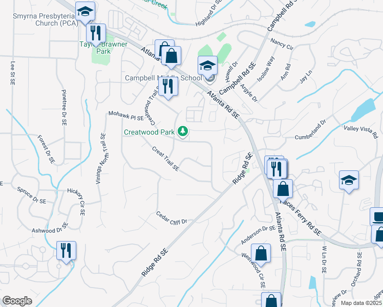map of restaurants, bars, coffee shops, grocery stores, and more near 3476 Creatwood Trail Southeast in Smyrna