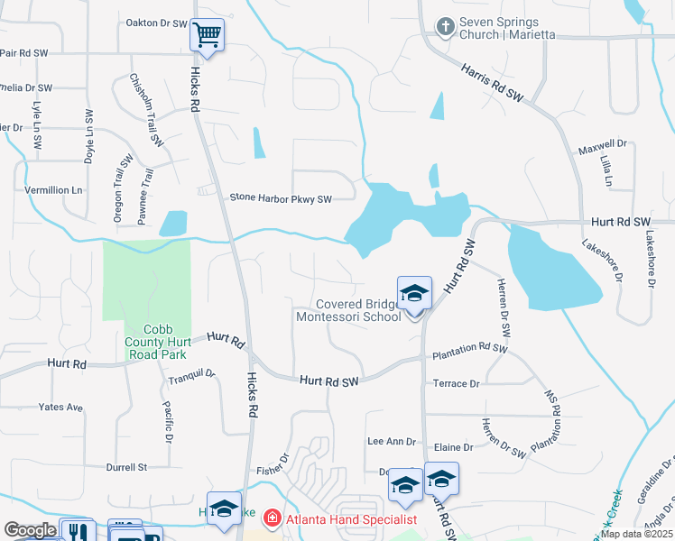 map of restaurants, bars, coffee shops, grocery stores, and more near 3588 Mill Creek Trail in Smyrna