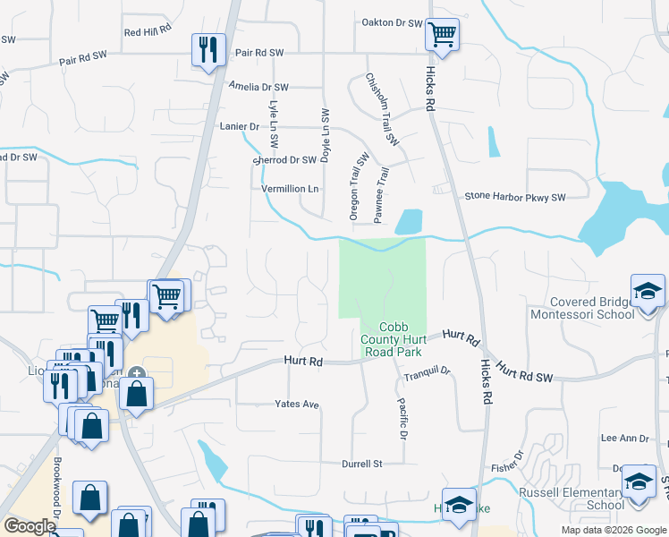 map of restaurants, bars, coffee shops, grocery stores, and more near 3539 Quiet Creek Court Southwest in Marietta