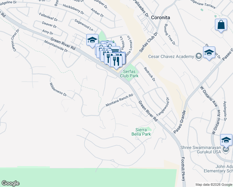 map of restaurants, bars, coffee shops, grocery stores, and more near 1500 Elegante Court in Corona
