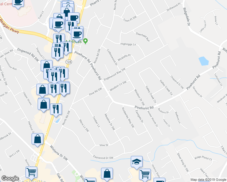 map of restaurants, bars, coffee shops, grocery stores, and more near 2082 Windsor Lane Southwest in Snellville