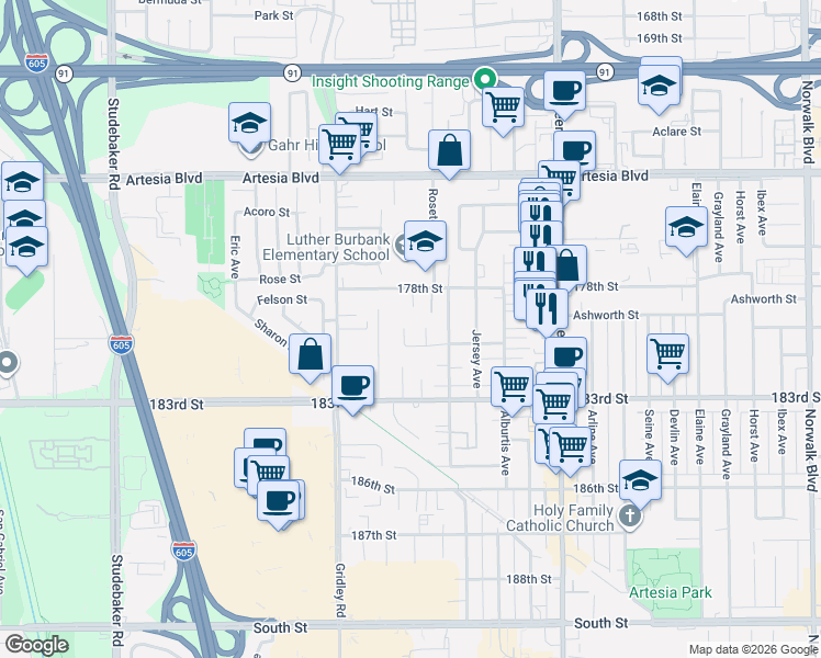 map of restaurants, bars, coffee shops, grocery stores, and more near 17908 Gard Avenue in Artesia