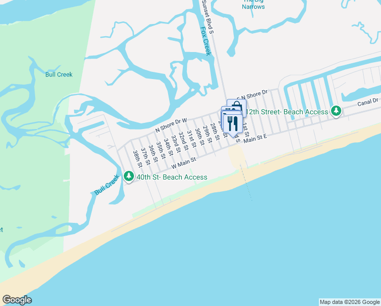 map of restaurants, bars, coffee shops, grocery stores, and more near 425-427 32nd Street in Sunset Beach