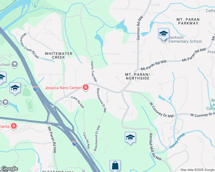 map of restaurants, bars, coffee shops, grocery stores, and more near 1707 Mount Paran Road Northwest in Atlanta