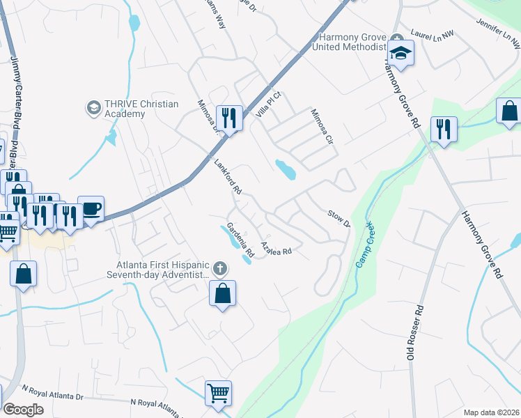 map of restaurants, bars, coffee shops, grocery stores, and more near 105 Lankford Rd in Tucker