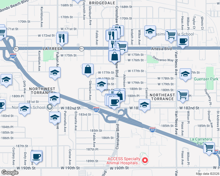 map of restaurants, bars, coffee shops, grocery stores, and more near 3119 180th Street in Torrance