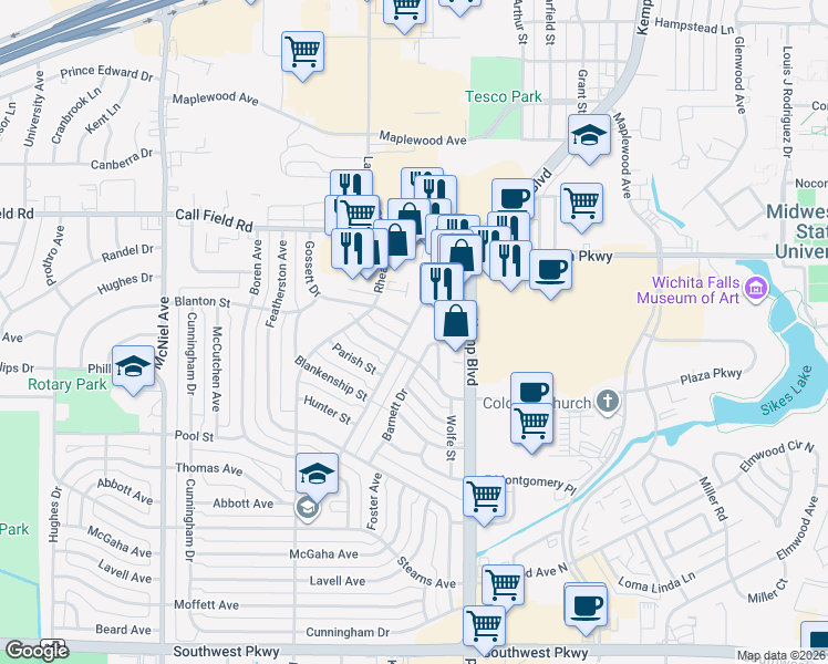 map of restaurants, bars, coffee shops, grocery stores, and more near 4117 Faith Road in Wichita Falls