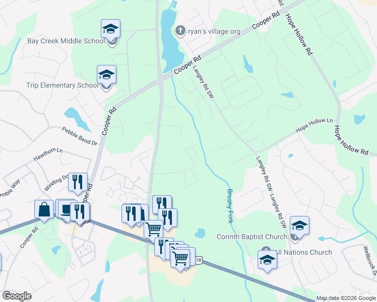 map of restaurants, bars, coffee shops, grocery stores, and more near 651 Autumn Meadow Drive in Loganville