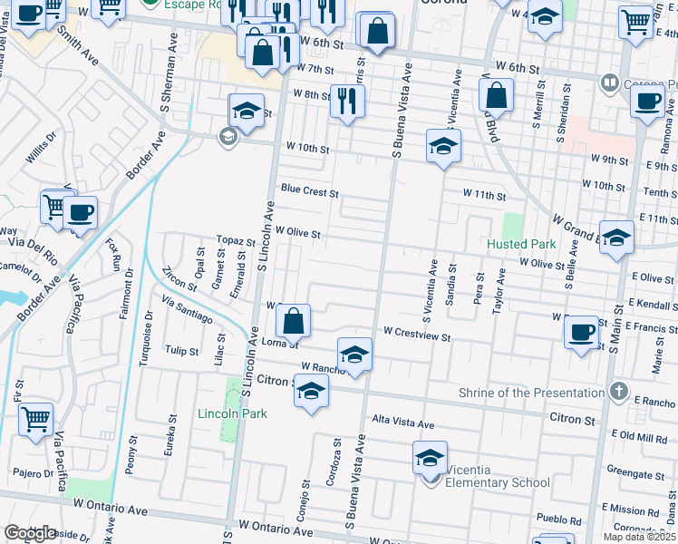map of restaurants, bars, coffee shops, grocery stores, and more near 970 West Kendall Street in Corona