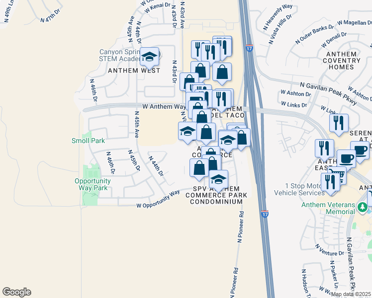map of restaurants, bars, coffee shops, grocery stores, and more near 42302 North Vision Way in Phoenix