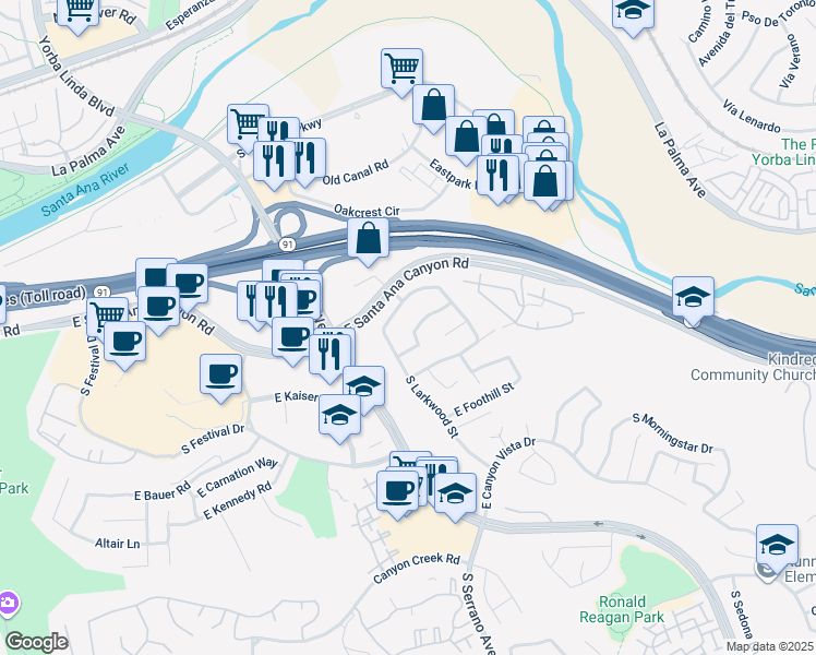 map of restaurants, bars, coffee shops, grocery stores, and more near 8451 East Saratoga Street in Anaheim