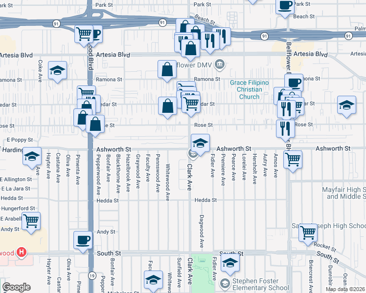 map of restaurants, bars, coffee shops, grocery stores, and more near 5039 Ashworth Street in Lakewood
