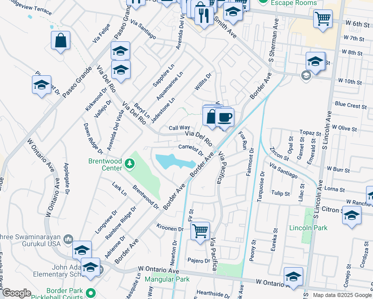 map of restaurants, bars, coffee shops, grocery stores, and more near 1422 Camelot Drive in Corona