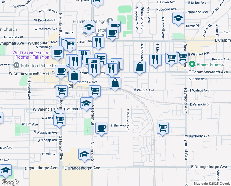 map of restaurants, bars, coffee shops, grocery stores, and more near 410 East Walnut Avenue in Fullerton