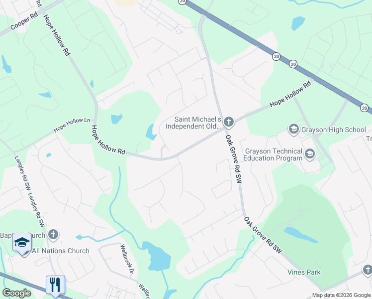map of restaurants, bars, coffee shops, grocery stores, and more near 305 Hope Hollow Road in Loganville