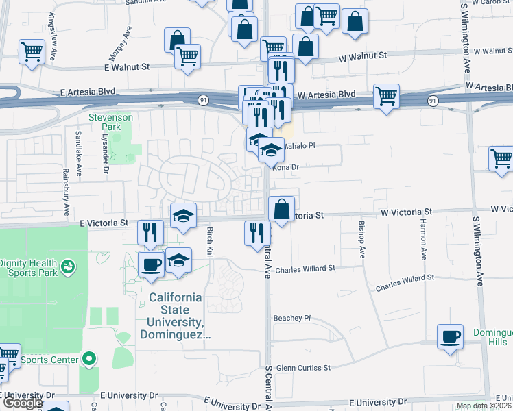 map of restaurants, bars, coffee shops, grocery stores, and more near 17811 Cottonwood Court in Carson