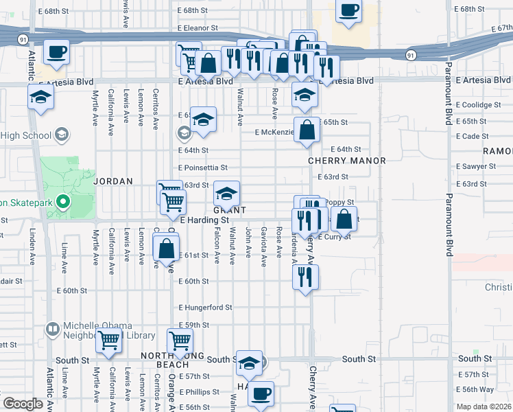 map of restaurants, bars, coffee shops, grocery stores, and more near 1644 East Poppy Street in Long Beach