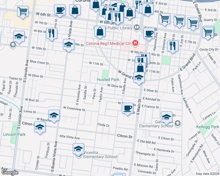 map of restaurants, bars, coffee shops, grocery stores, and more near 1222 South Sheridan Street in Corona
