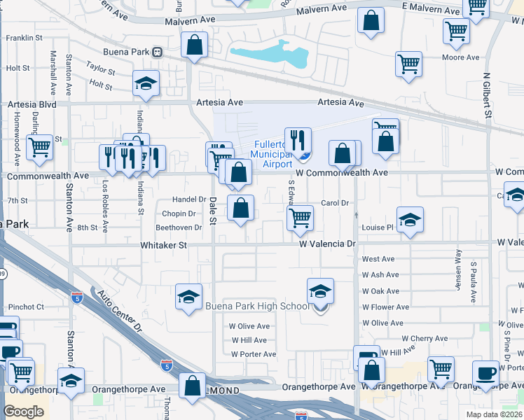 map of restaurants, bars, coffee shops, grocery stores, and more near 6380 Roland Street in Buena Park
