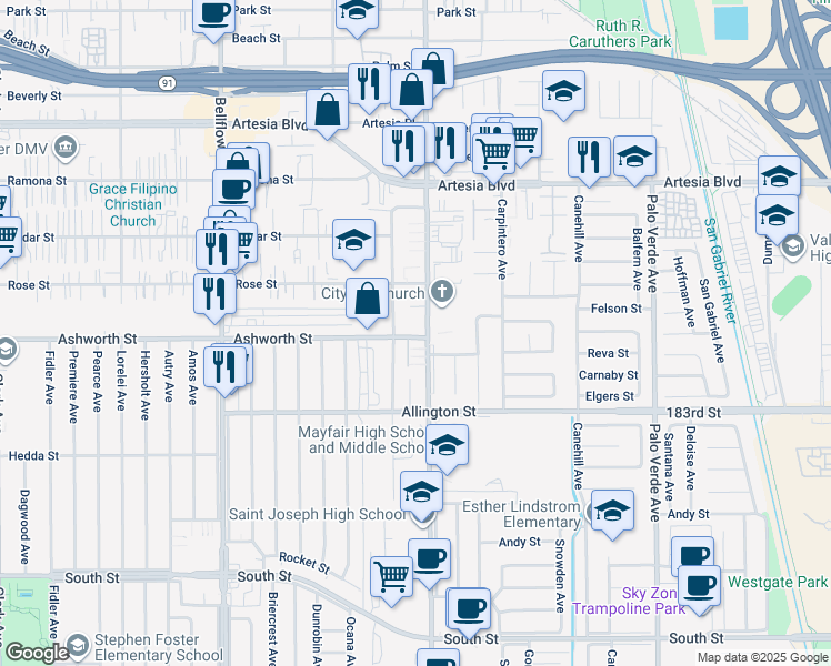 map of restaurants, bars, coffee shops, grocery stores, and more near 6237 Woodruff Avenue in Lakewood