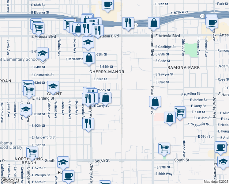 map of restaurants, bars, coffee shops, grocery stores, and more near 2305 East Poppy Street in Long Beach