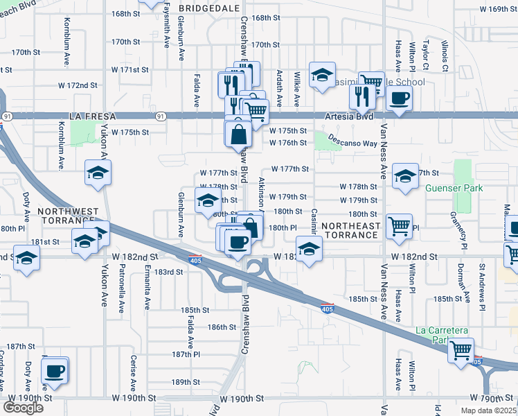map of restaurants, bars, coffee shops, grocery stores, and more near 17904 Crenshaw Boulevard in Torrance