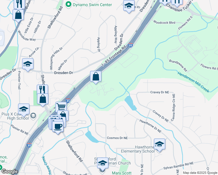 map of restaurants, bars, coffee shops, grocery stores, and more near 3107 Colonial Way in Chamblee