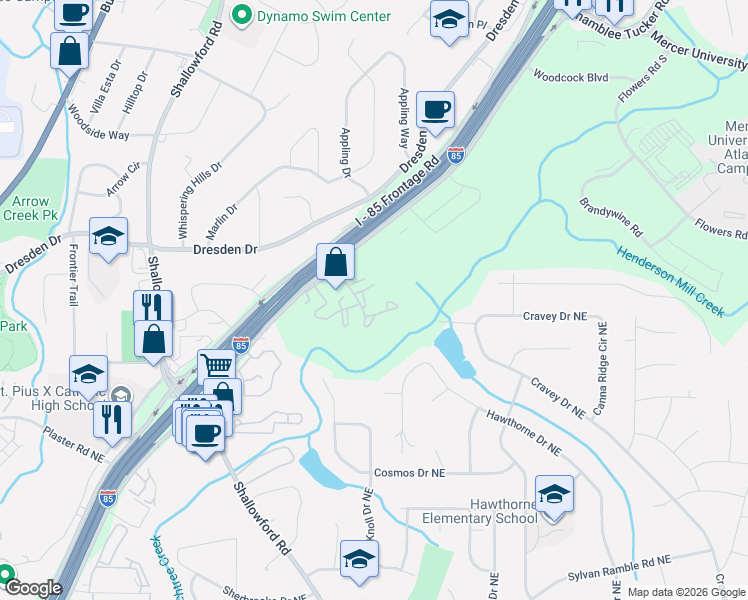 map of restaurants, bars, coffee shops, grocery stores, and more near 3107 Colonial Way in Chamblee