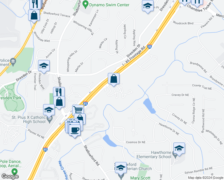 map of restaurants, bars, coffee shops, grocery stores, and more near 3113 Colonial Way in Atlanta