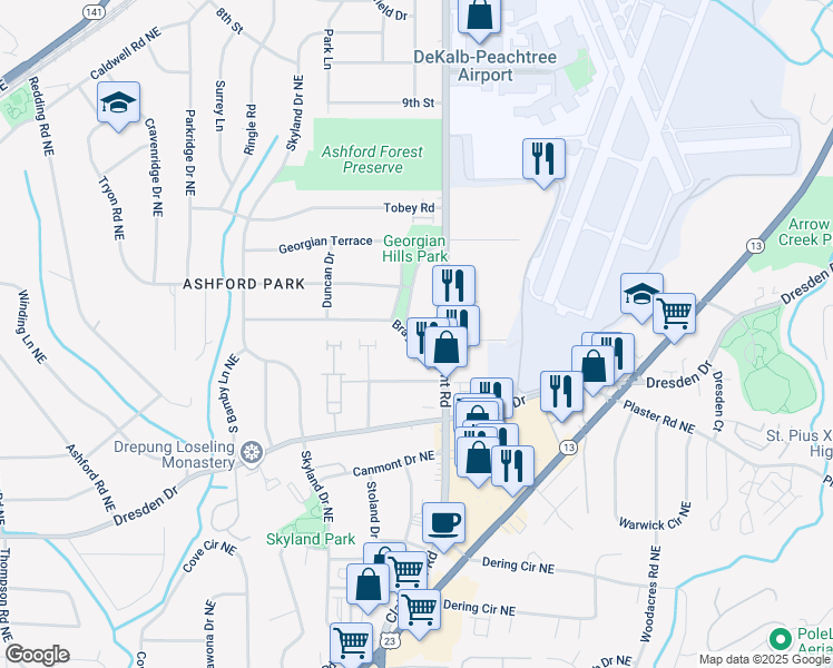 map of restaurants, bars, coffee shops, grocery stores, and more near 1914 Bragg Street in Chamblee